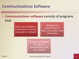 Communications Software

• Communications software consists of programs
  that:
                                                  Manage the
           Help users establish a
                                                transmission of
           connection to another
                                             data, instructions, and
           computer or network
                                                  information


                         Provide an interface
                             for users to
                          communicate with
                            one another

Page 482                 Discovering Computers 2012: Chapter 9         32
 