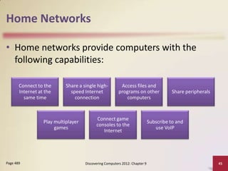 Home Networks

• Home networks provide computers with the
  following capabilities:

       Connect to the       Share a single high-          Access files and
       Internet at the        speed Internet             programs on other              Share peripherals
         same time              connection                  computers


                                           Connect game
                  Play multiplayer                                           Subscribe to and
                                           consoles to the
                       games                                                    use VoIP
                                              Internet




Page 489                             Discovering Computers 2012: Chapter 9                                  45
 