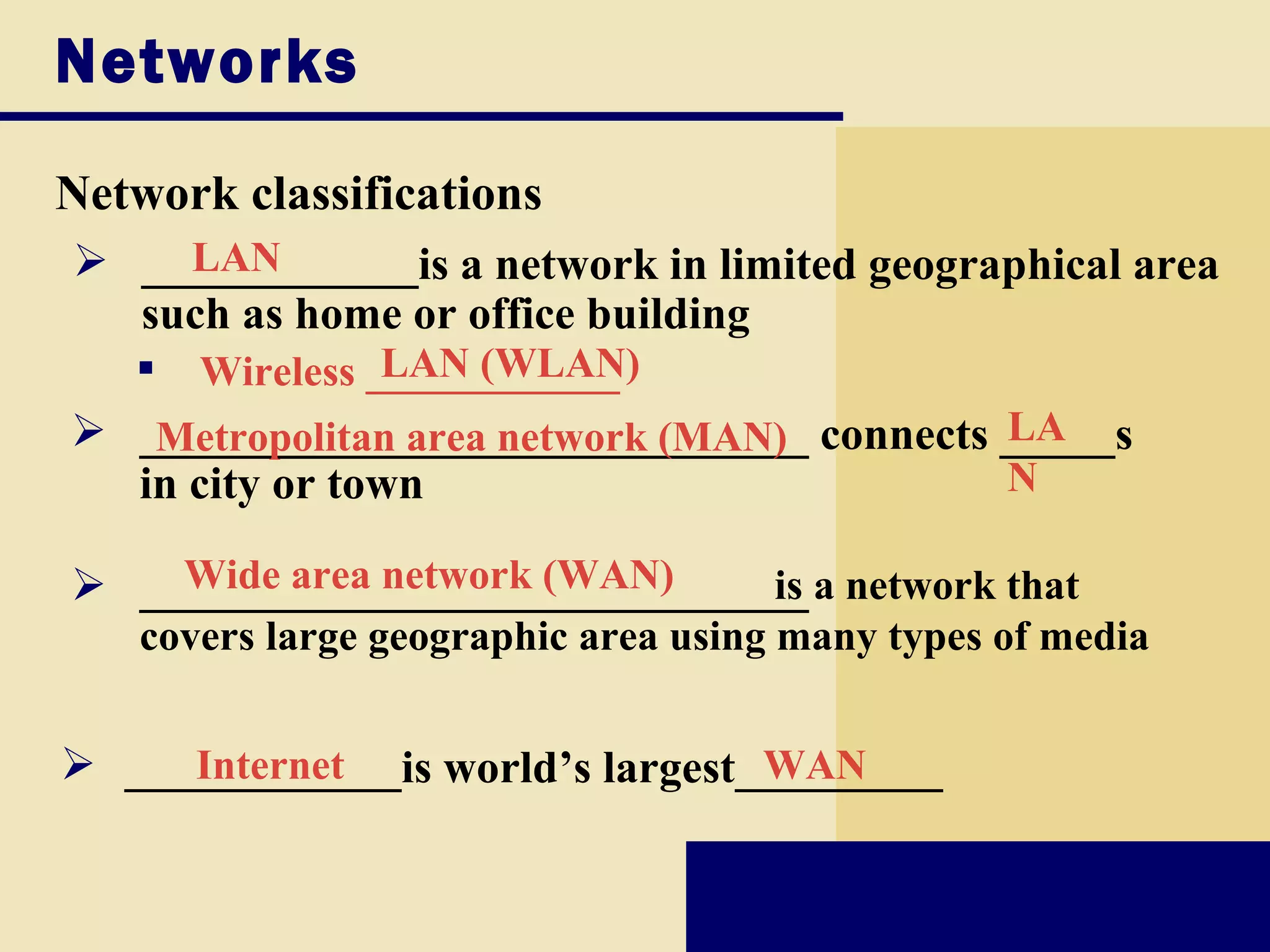 Networks

Network classifications
 ____________is a network in limited geographical area
    LAN
  such as home or office building
      Wireless ____________
                 LAN (WLAN)
 _____________________________ connects _____s
   Metropolitan area network (MAN)       LA
  in city or town                        N

 _____________________________ a network that
    Wide area network (WAN)   is
   covers large geographic area using many types of media


 ____________is world’s largest_________
     Internet                    WAN
 