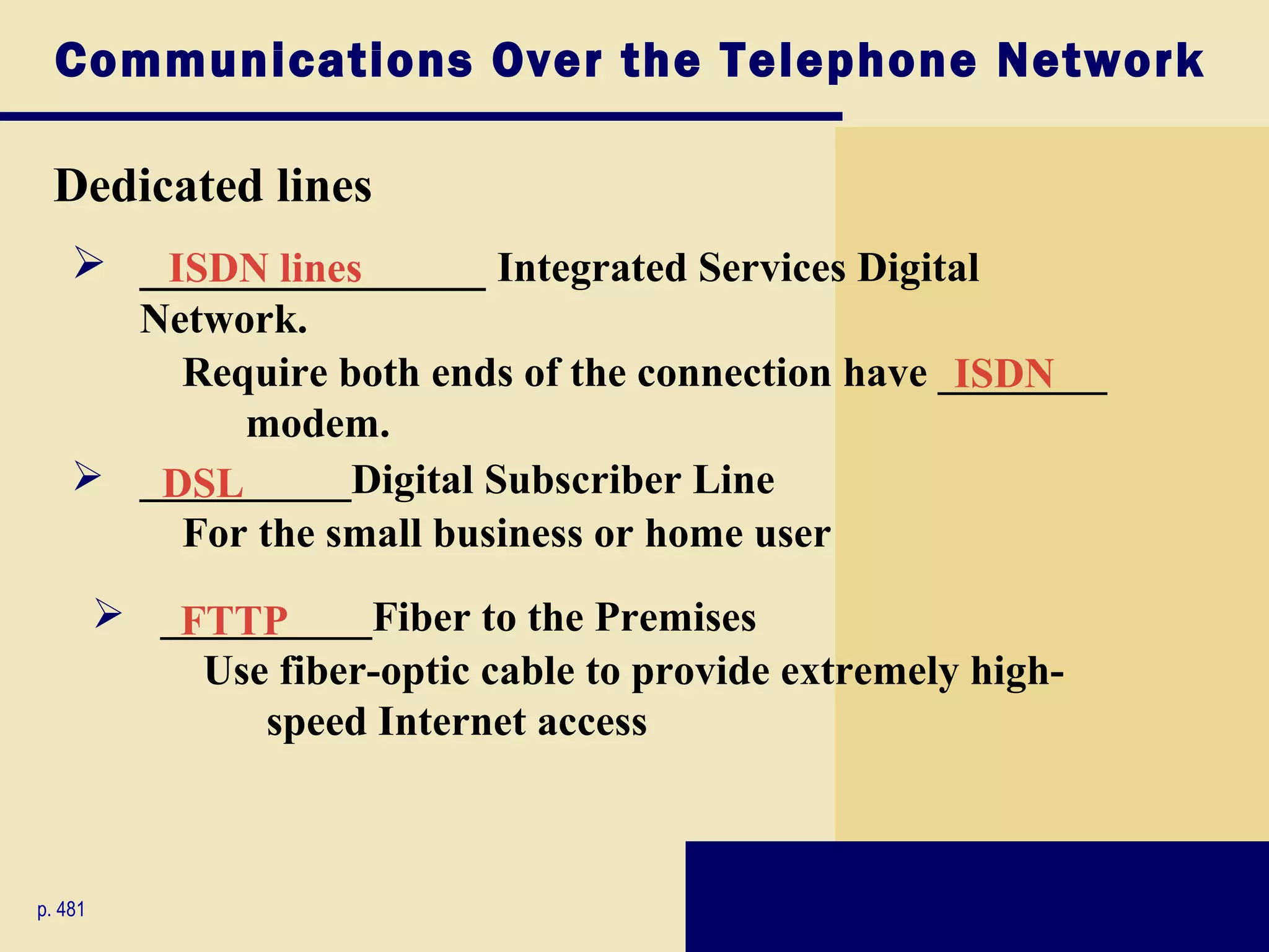 Communications Over the Telephone Network

 Dedicated lines
     _______________ Integrated Services Digital
       ISDN lines
      Network.
        Require both ends of the connection have ________
                                                  ISDN
           modem.
     __________Digital Subscriber Line
       DSL
        For the small business or home user
          __________Fiber to the Premises
            FTTP
             Use fiber-optic cable to provide extremely high-
                speed Internet access



p. 481
 