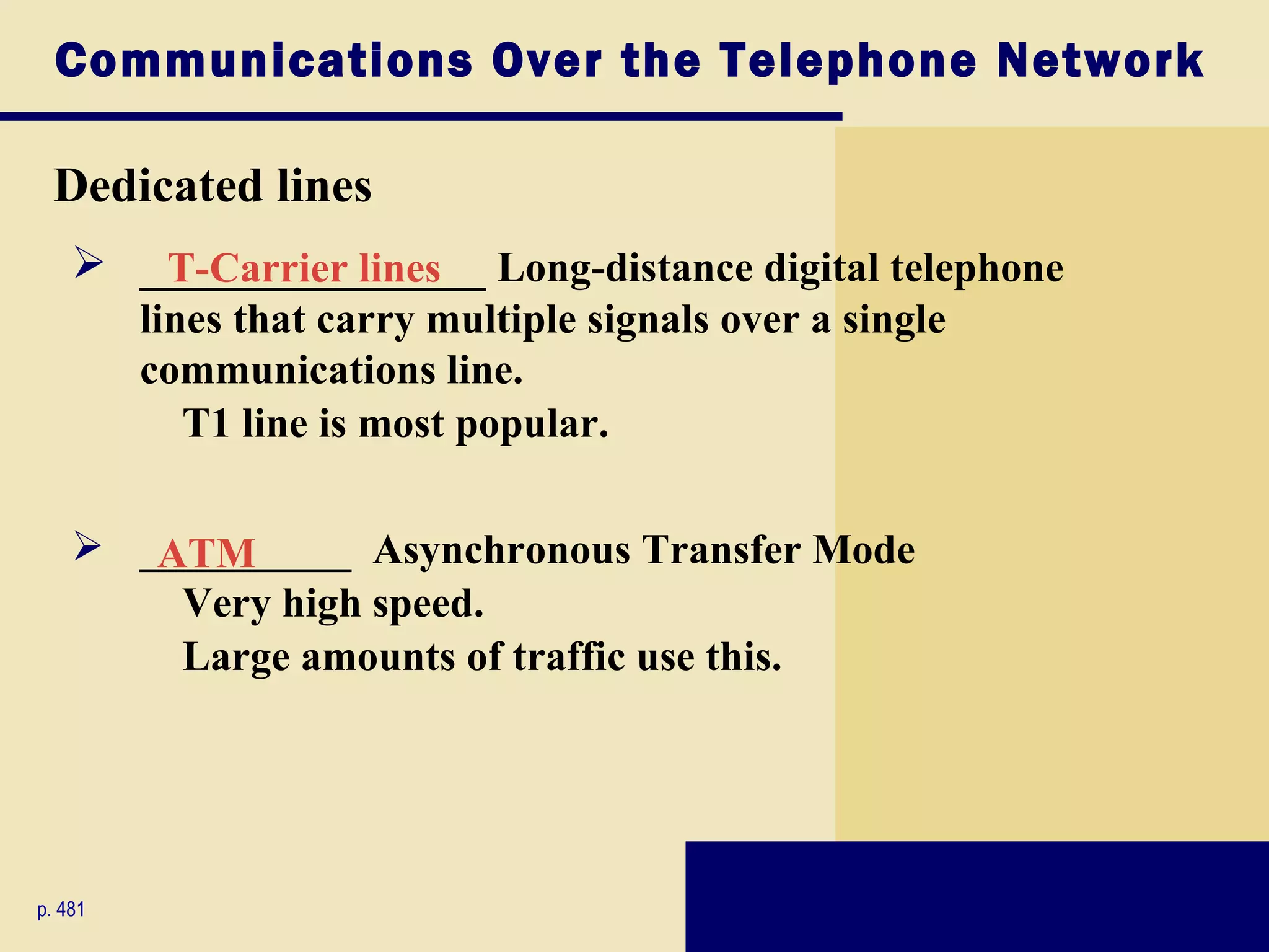 Communications Over the Telephone Network

 Dedicated lines
     _______________ Long-distance digital telephone
       T-Carrier lines
         lines that carry multiple signals over a single
         communications line.
            T1 line is most popular.

     __________ Asynchronous Transfer Mode
       ATM
        Very high speed.
        Large amounts of traffic use this.




p. 481
 