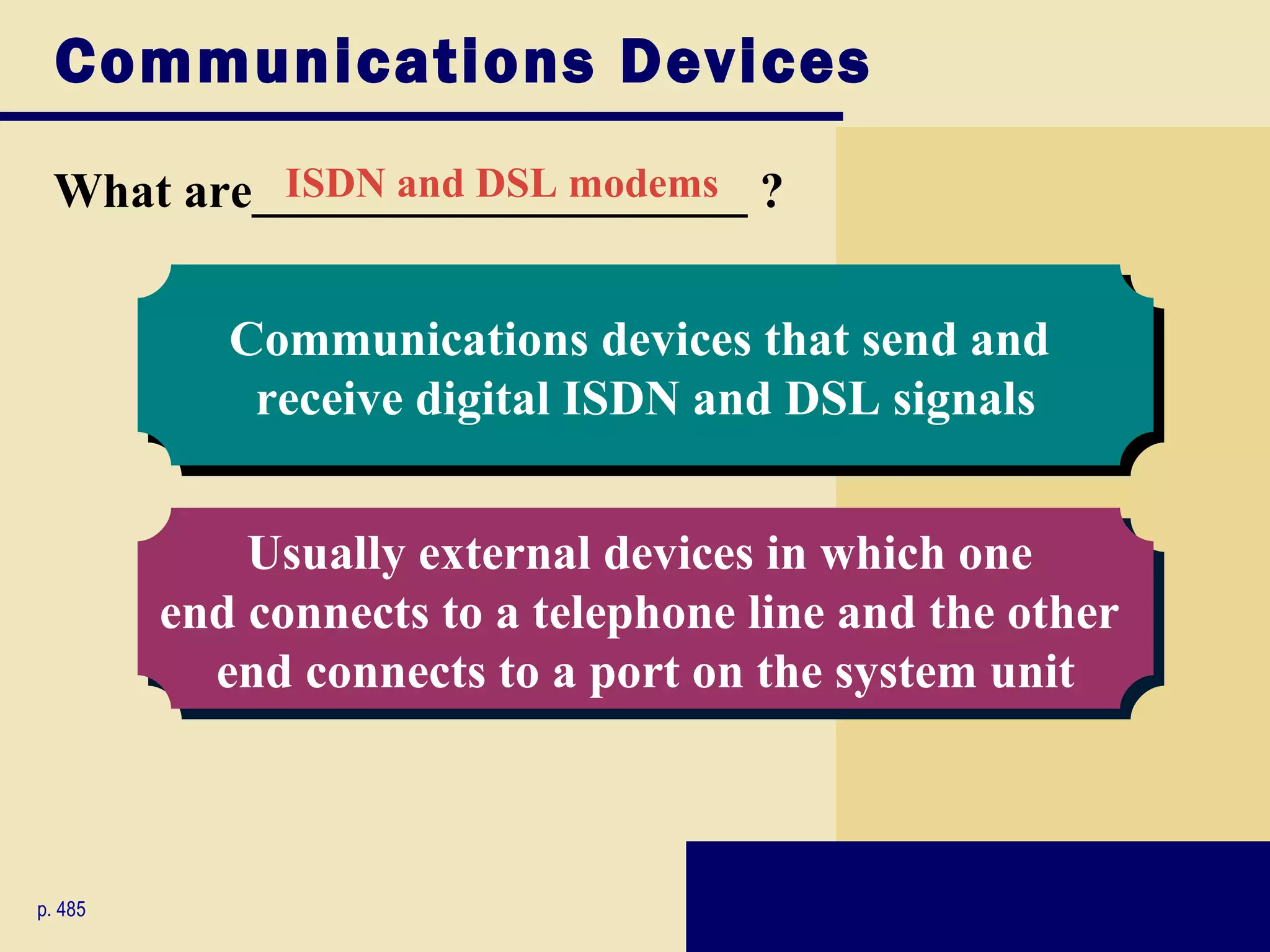 Communications Devices
 What are____________________ ?
          ISDN and DSL modems


            Communications devices that send and
             receive digital ISDN and DSL signals


             Usually external devices in which one
         end connects to a telephone line and the other
           end connects to a port on the system unit



p. 485
 
