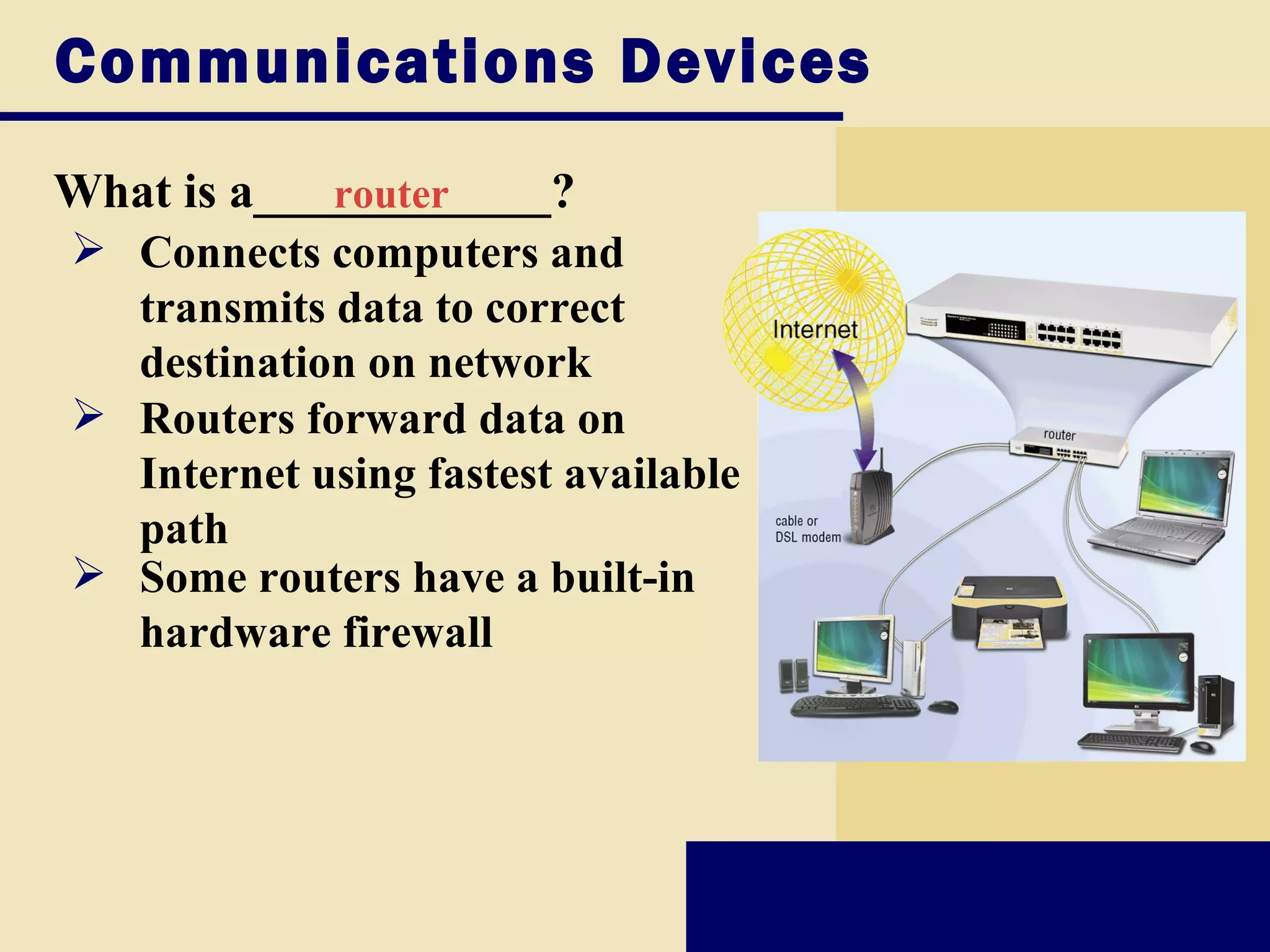 Communications Devices
What is a____________?
            router
 Connects computers and
  transmits data to correct
  destination on network
 Routers forward data on
  Internet using fastest available
  path
 Some routers have a built-in
  hardware firewall
 