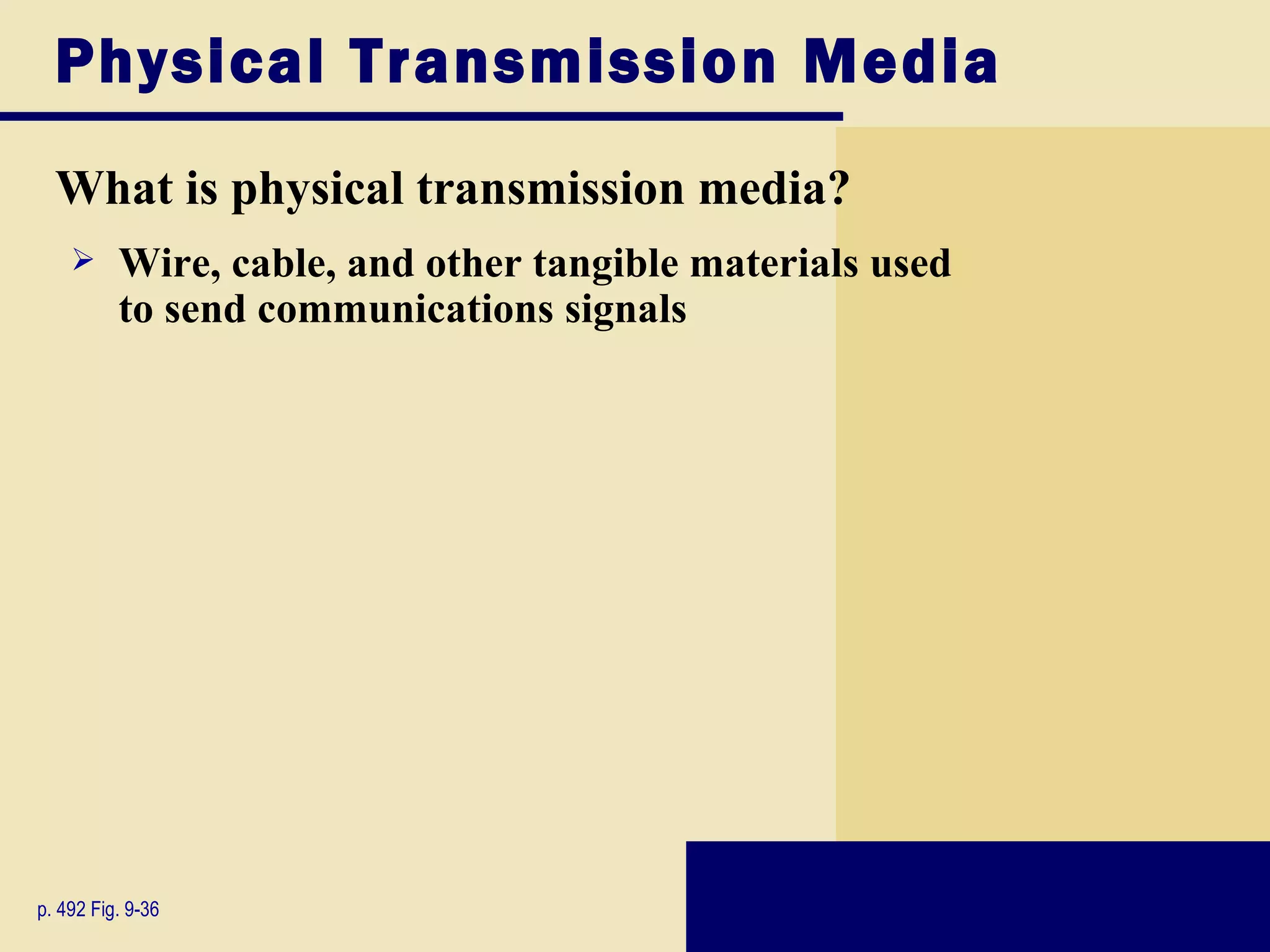 Physical Transmission Media
  What is physical transmission media?
         Wire, cable, and other tangible materials used
          to send communications signals




p. 492 Fig. 9-36
 