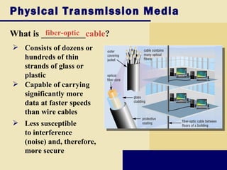 Physical Transmission Media
What is __________cable?
         fiber-optic
 Consists of dozens or
  hundreds of thin
  strands of glass or
  plastic
 Capable of carrying
  significantly more
  data at faster speeds
  than wire cables
 Less susceptible
  to interference
  (noise) and, therefore,
  more secure
 