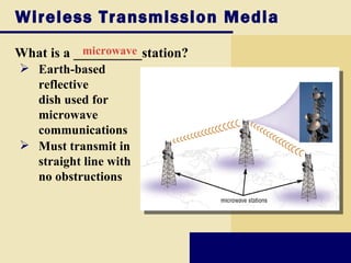 Wireless Transmission Media
What is a __________station?
           microwave
 Earth-based
  reflective
  dish used for
  microwave
  communications
 Must transmit in
  straight line with
  no obstructions
 