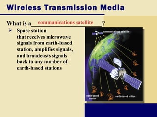 Wireless Transmission Media
What is a_______________________?
           communications satellite
 Space station
  that receives microwave
  signals from earth-based
  station, amplifies signals,
  and broadcasts signals
  back to any number of
  earth-based stations
 