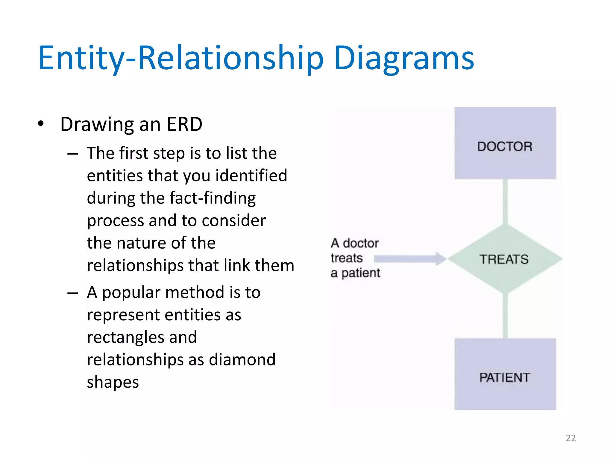 Entity-Relationship Diagrams
• Drawing an ERD
  – The first step is to list the
    entities that you identified
    during the fact-finding
    process and to consider
    the nature of the
    relationships that link them
  – A popular method is to
    represent entities as
    rectangles and
    relationships as diamond
    shapes

                                    22
 