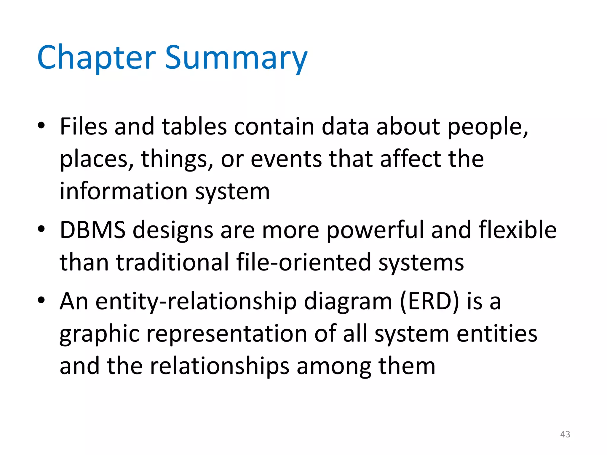 Chapter Summary
• Files and tables contain data about people,
  places, things, or events that affect the
  information system
• DBMS designs are more powerful and flexible
  than traditional file-oriented systems
• An entity-relationship diagram (ERD) is a
  graphic representation of all system entities
  and the relationships among them

                                                  43
 