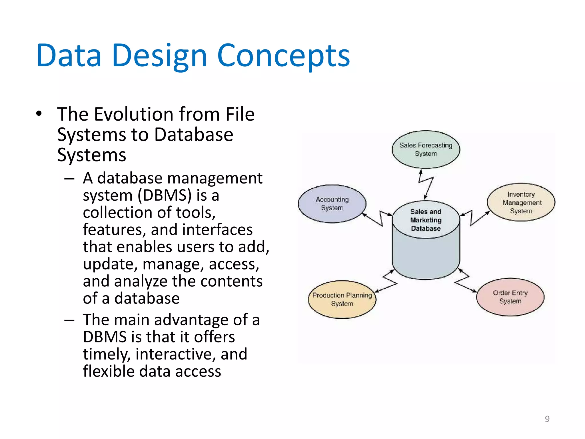 Data Design Concepts
• The Evolution from File
  Systems to Database
  Systems
   – A database management
     system (DBMS) is a
     collection of tools,
     features, and interfaces
     that enables users to add,
     update, manage, access,
     and analyze the contents
     of a database
   – The main advantage of a
     DBMS is that it offers
     timely, interactive, and
     flexible data access

                                  9
 