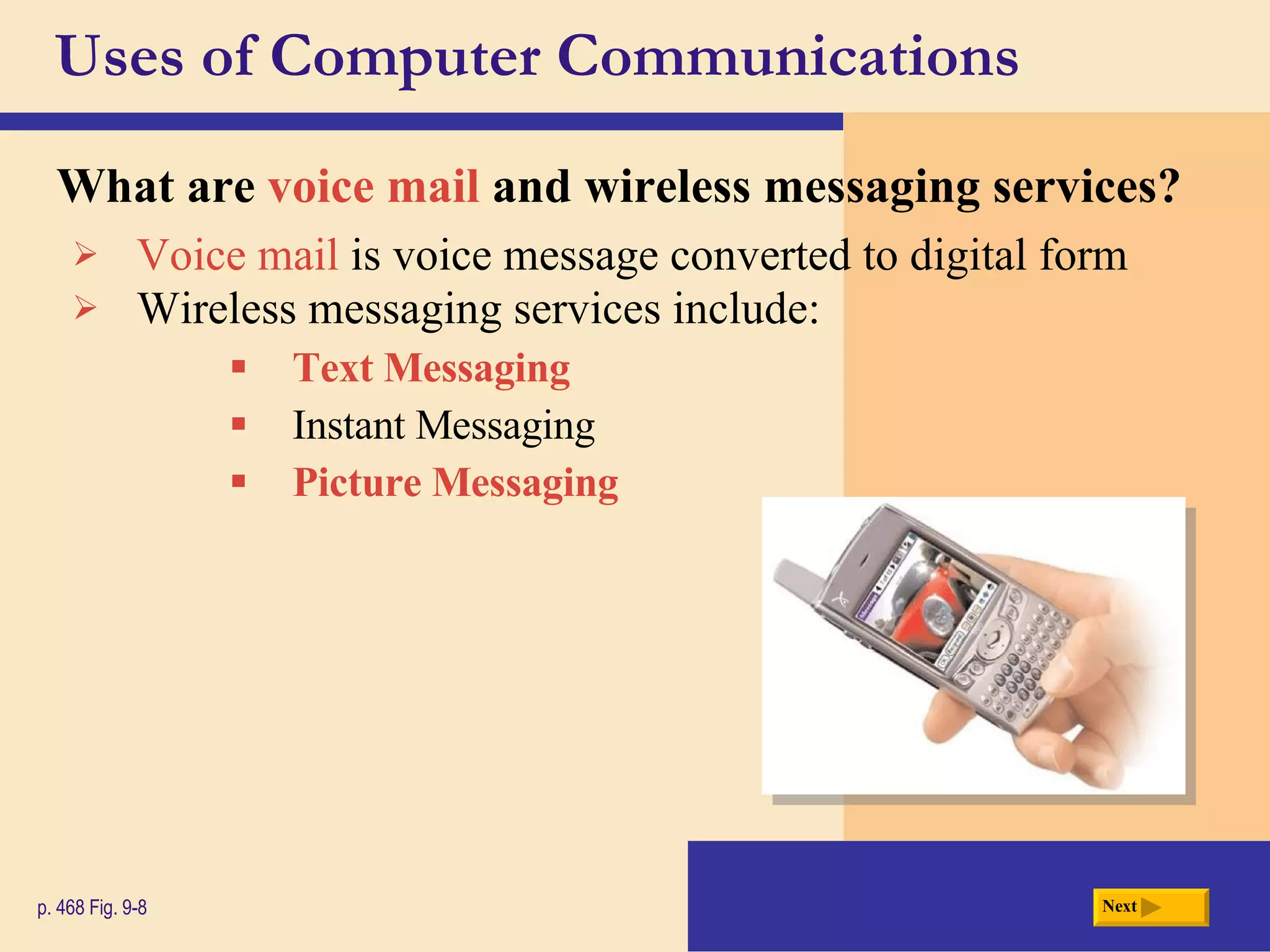 Uses of Computer Communications What are  voice mail  and  wireless messaging services ? p. 468 Fig. 9-8 Voice mail  is voice message converted to digital form Wireless messaging services include: Text Messaging Instant Messaging Picture Messaging Next 