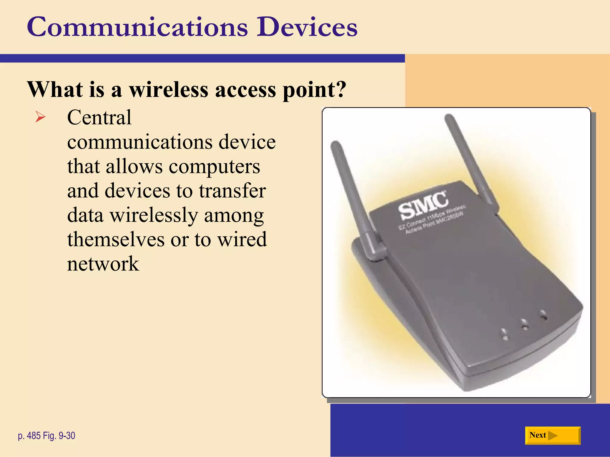 Communications Devices What is a  wireless access point ? p. 485 Fig. 9-30 Central communications device that allows computers and devices to transfer data wirelessly among themselves or to wired network Next 