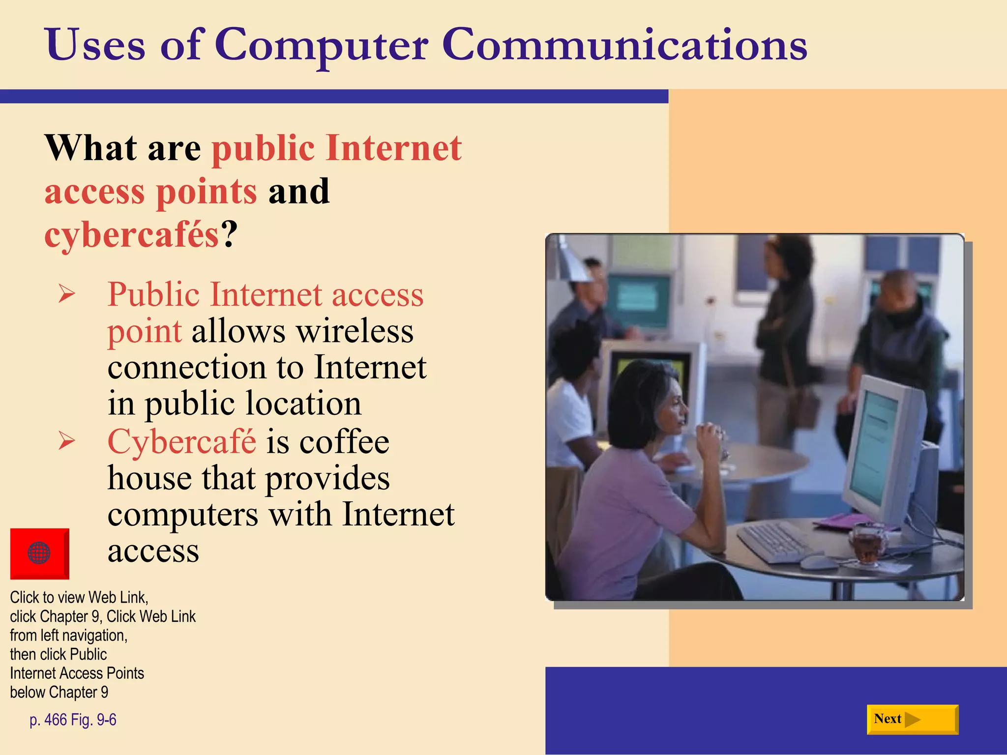 Uses of Computer Communications What are  public Internet access points  and  cybercafés ? p. 466 Fig. 9-6 Public Internet access point  allows wireless connection to Internet in public location Cybercafé  is coffee house that provides computers with Internet access Next Click to view Web Link, click Chapter 9, Click Web Link from left navigation,  then click Public  Internet Access Points below Chapter 9 