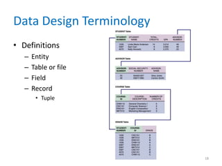 Data Design Terminology
• Definitions
– Entity
– Table or file
– Field
– Record
• Tuple
18
 