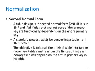 Normalization
• Second Normal Form
– A table design is in second normal form (2NF) if it is in
1NF and if all fields that are not part of the primary
key are functionally dependent on the entire primary
key
– A standard process exists for converting a table from
1NF to 2NF
– The objective is to break the original table into two or
more new tables and reassign the fields so that each
nonkey field will depend on the entire primary key in
its table
27
 