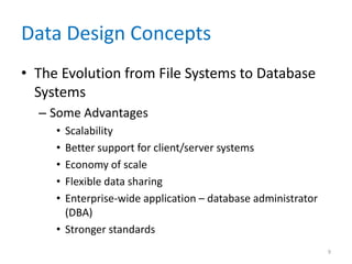 Data Design Concepts
• The Evolution from File Systems to Database
Systems
– Some Advantages
• Scalability
• Better support for client/server systems
• Economy of scale
• Flexible data sharing
• Enterprise-wide application – database administrator
(DBA)
• Stronger standards
9
 