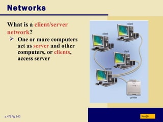 Networks
What is a client/server
network?
Nextp. 472 Fig. 9-13
 One or more computers
act as server and other
computers, or clients,
access server
 