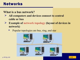 Networks
What is a bus network?
Nextp. 474 Fig. 9-16
 All computers and devices connect to central
cable or bus
 Example of network topology (layout of devices in
network)
 Popular topologies are bus, ring, and star
 