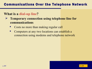 Communications Over the Telephone Network
What is a dial-up line?
Nextp. 481
 Temporary connection using telephone line for
communications
 Costs no more than making regular call
 Computers at any two locations can establish a
connection using modems and telephone network
 