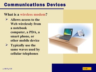 Communications Devices
What is a wireless modem?
Nextp. 486 Fig. 9-29
 Allows access to the
Web wirelessly from
a notebook
computer, a PDA, a
smart phone, or
other mobile device
 Typically use the
same waves used by
cellular telephones
 