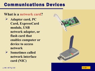 Communications Devices
What is a network card?
Nextp. 486 - 487 Fig. 9-30
 Adapter card, PC
Card, ExpressCard
module, USB
network adapter, or
flash card that
enables computer or
device to access
network
 Sometimes called
network interface
card (NIC)
 