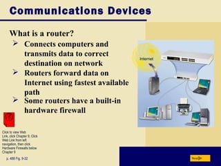 Communications Devices
What is a router?
Nextp. 488 Fig. 9-32
 Connects computers and
transmits data to correct
destination on network
 Routers forward data on
Internet using fastest available
path
Click to view Web
Link, click Chapter 9, Click
Web Link from left
navigation, then click
Hardware Firewalls below
Chapter 9
 Some routers have a built-in
hardware firewall
 