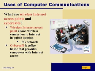 Uses of Computer Communications
What are wireless Internet
access points and
cybercafés?
Nextp. 464-465 Fig. 9-4
 Wireless Internet access
point allows wireless
connection to Internet
in public location
 3G network
 Cybercafé is coffee
house that provides
computers with Internet
access
 