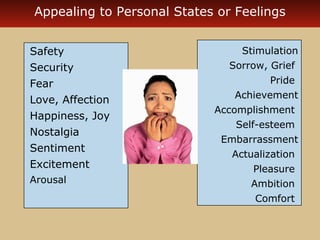 Appealing to Personal States or Feelings 
Safety 
Security 
Fear 
Love, Affection 
Happiness, Joy 
Nostalgia 
Sentiment 
Excitement 
Arousal 
Stimulation 
Sorrow, Grief 
Pride 
Achievement 
Accomplishment 
Self-esteem 
Embarrassment 
Actualization 
Pleasure 
Ambition 
Comfort 
 
