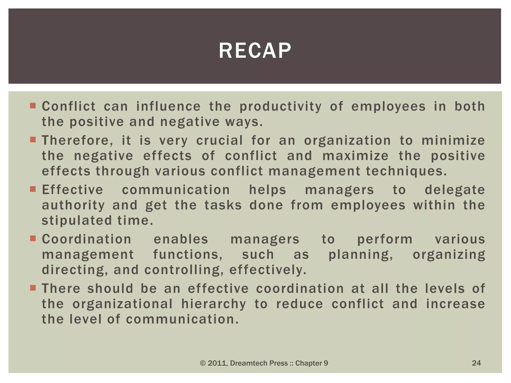  Conflict can influence the productivity of employees in both
the positive and negative ways.
 Therefore, it is very crucial for an organization to minimize
the negative effects of conflict and maximize the positive
effects through various conflict management techniques.
 Effective communication helps managers to delegate
authority and get the tasks done from employees within the
stipulated time.
 Coordination enables managers to perform various
management functions, such as planning, organizing
directing, and controlling, effectively.
 There should be an effective coordination at all the levels of
the organizational hierarchy to reduce conflict and increase
the level of communication.
RECAP
© 2011, Dreamtech Press :: Chapter 9 24
 
