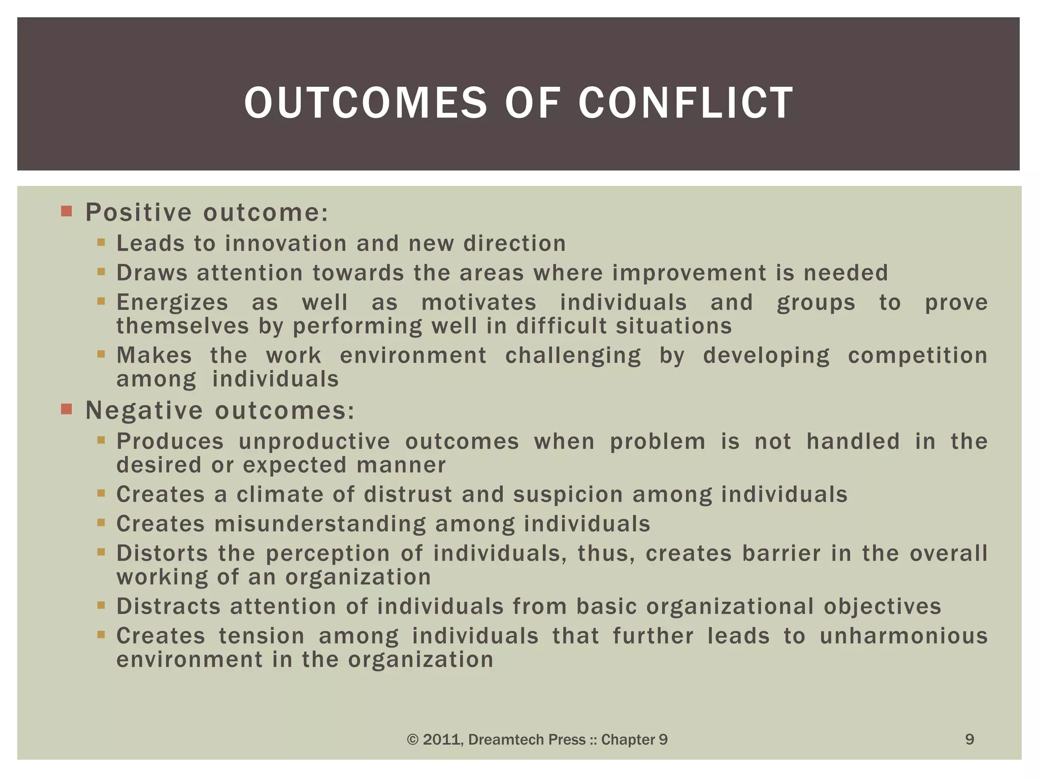  Positive outcome:
 Leads to innovation and new direction
 Draws attention towards the areas where improvement is needed
 Energizes as well as motivates individuals and groups to prove
themselves by performing well in difficult situations
 Makes the work environment challenging by developing competition
among individuals
 Negative outcomes:
 Produces unproductive outcomes when problem is not handled in the
desired or expected manner
 Creates a climate of distrust and suspicion among individuals
 Creates misunderstanding among individuals
 Distorts the perception of individuals, thus, creates barrier in the overall
working of an organization
 Distracts attention of individuals from basic organizational objectives
 Creates tension among individuals that further leads to unharmonious
environment in the organization
OUTCOMES OF CONFLICT
© 2011, Dreamtech Press :: Chapter 9 9
 