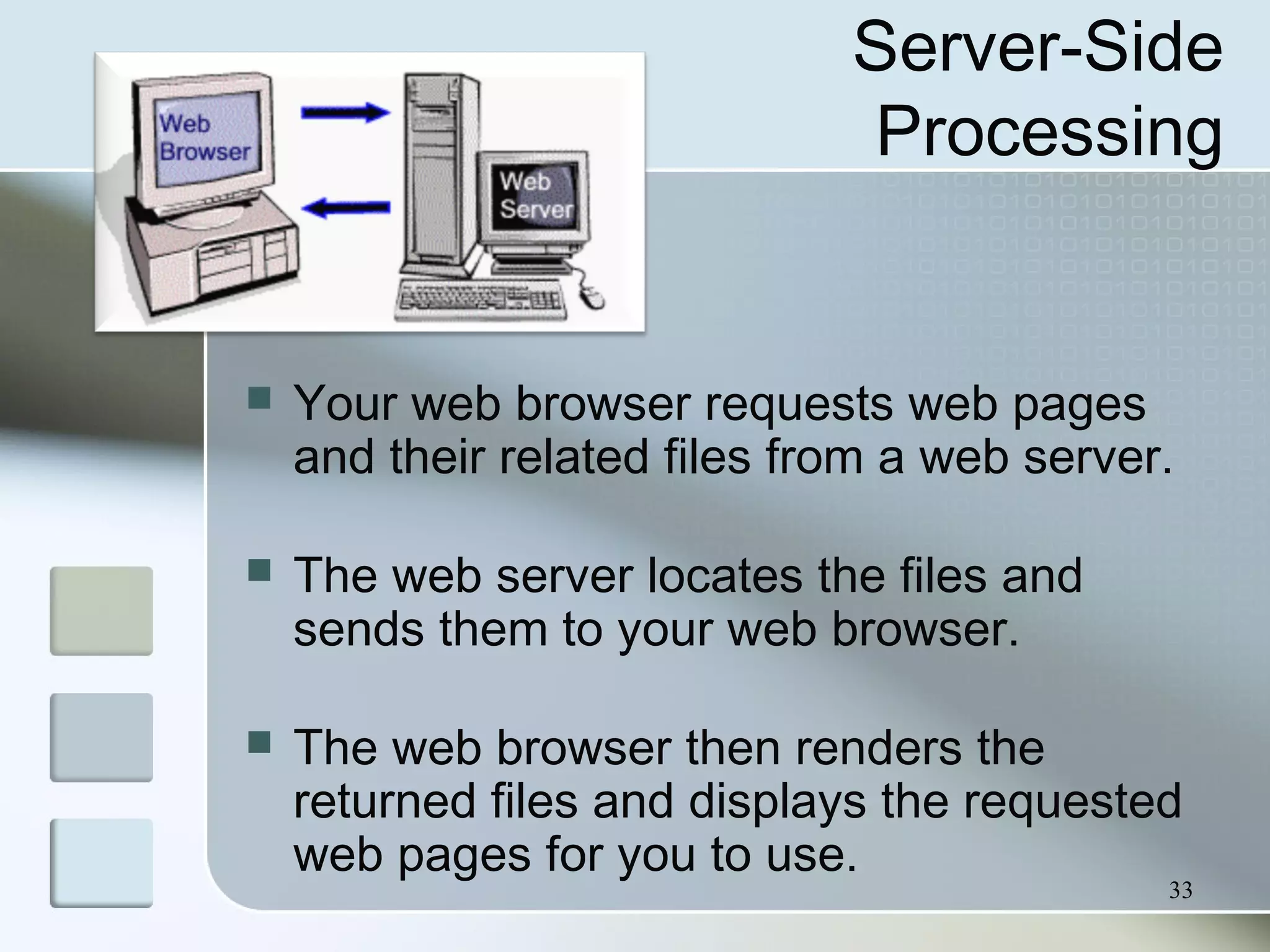33
Server-Side
Processing
 Your web browser requests web pages
and their related files from a web server.
 The web server locates the files and
sends them to your web browser.
 The web browser then renders the
returned files and displays the requested
web pages for you to use.
 