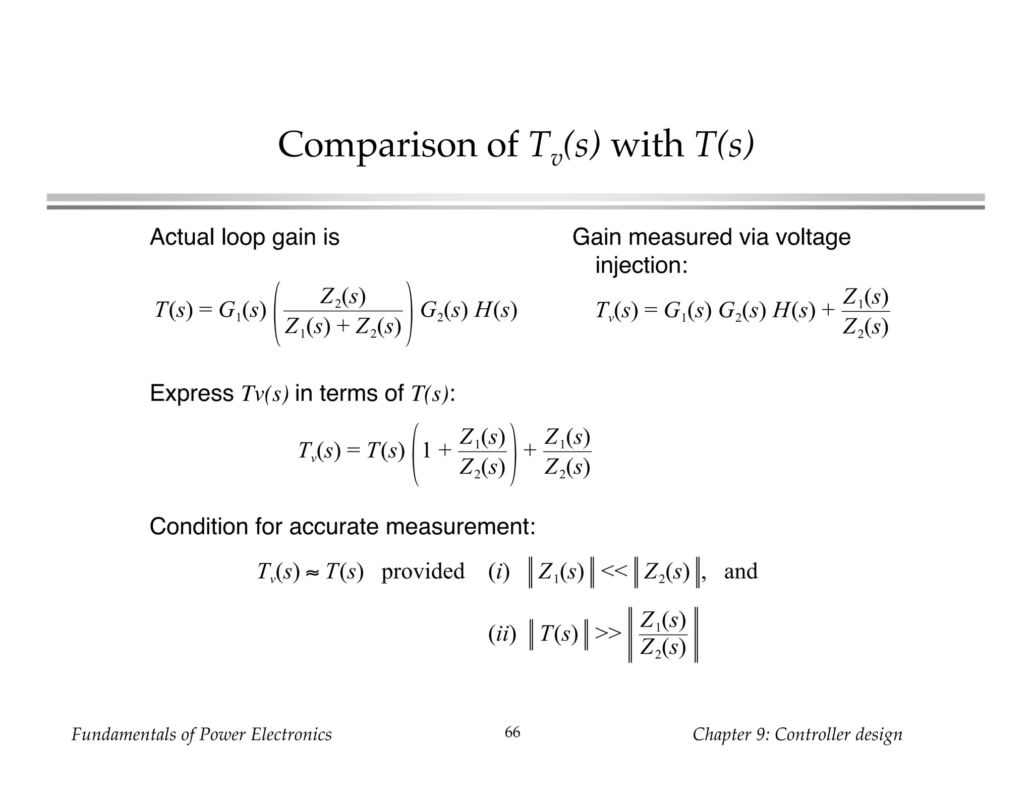 Fundamentals of Power Electronics Chapter 9: Controller design66
Comparison of Tv(s) with T(s)
T(s) = G1(s)
Z2(s)
Z1(s) + Z2(s)
G2(s) H(s)
Actual loop gain is Gain measured via voltage
injection:
Tv(s) = G1(s) G2(s) H(s) +
Z1(s)
Z2(s)
Express Tv(s) in terms of T(s):
Tv(s) = T(s) 1 +
Z1(s)
Z2(s)
+
Z1(s)
Z2(s)
Condition for accurate measurement:
Tv(s) ≈ T(s) provided (i) Z1(s) << Z2(s) , and
(ii) T(s) >>
Z1(s)
Z2(s)
 