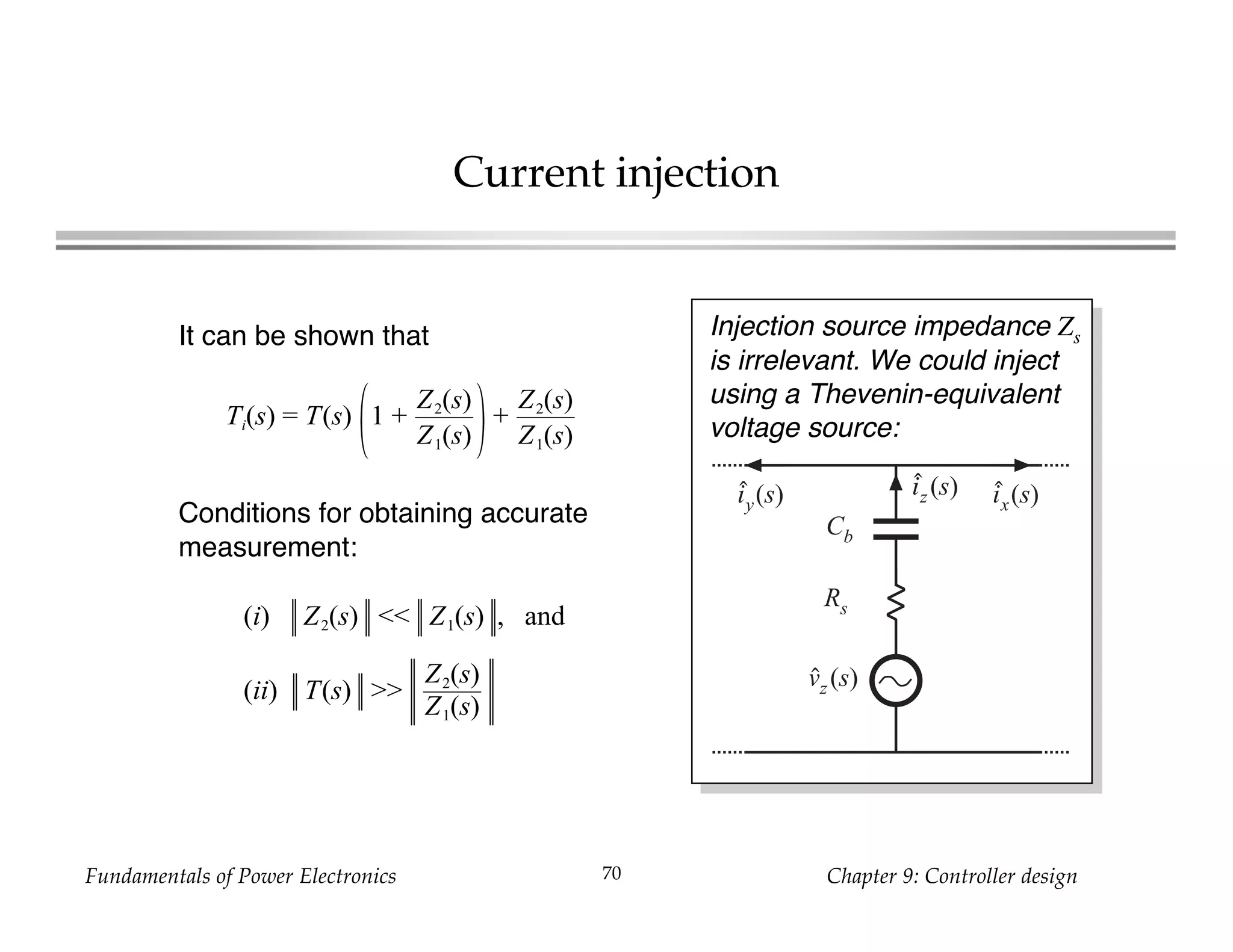 Fundamentals of Power Electronics Chapter 9: Controller design70
Current injection
It can be shown that
Ti(s) = T(s) 1 +
Z2(s)
Z1(s)
+
Z2(s)
Z1(s)
Conditions for obtaining accurate
measurement:
Injection source impedance Zs
is irrelevant. We could inject
using a Thevenin-equivalent
voltage source:
(i) Z2(s) << Z1(s) , and
(ii) T(s) >>
Z2(s)
Z1(s)
Rs
Cb
ix(s)iy(s) iz (s)
vz (s)
 