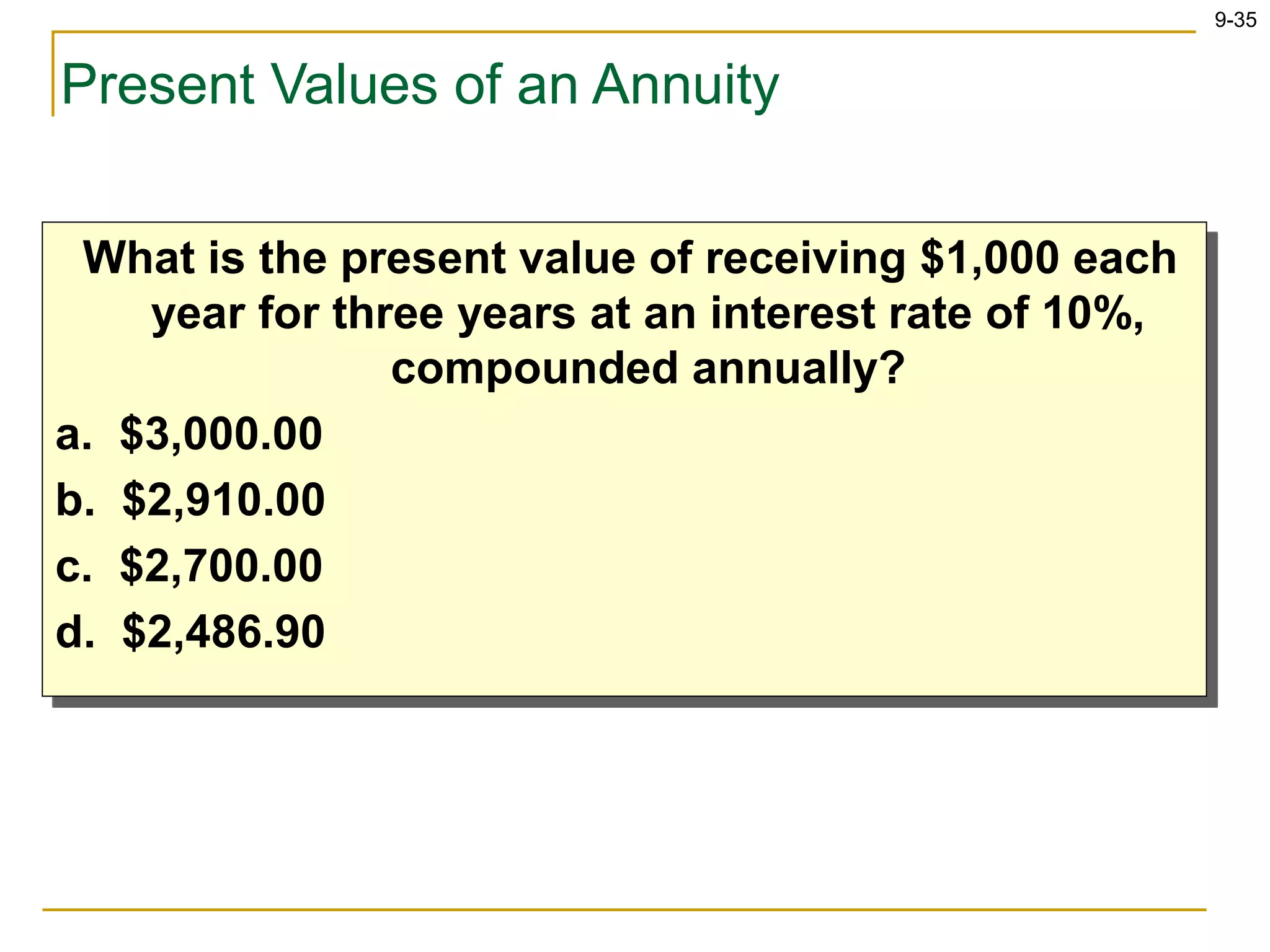9-35
Present Values of an Annuity
What is the present value of receiving $1,000 each
year for three years at an interest rate of 10%,
compounded annually?
a. $3,000.00
b. $2,910.00
c. $2,700.00
d. $2,486.90
 