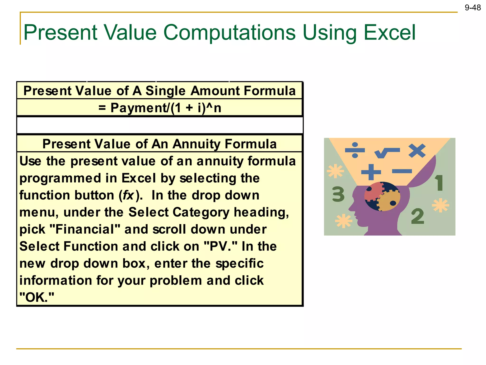 9-48
Present Value Computations Using Excel
Use the present value of an annuity formula
programmed in Excel by selecting the
function button (fx). In the drop down
menu, under the Select Category heading,
pick "Financial" and scroll down under
Select Function and click on "PV." In the
new drop down box, enter the specific
information for your problem and click
"OK."
= Payment/(1 + i)^n
Present Value of A Single Amount Formula
Present Value of An Annuity Formula
 