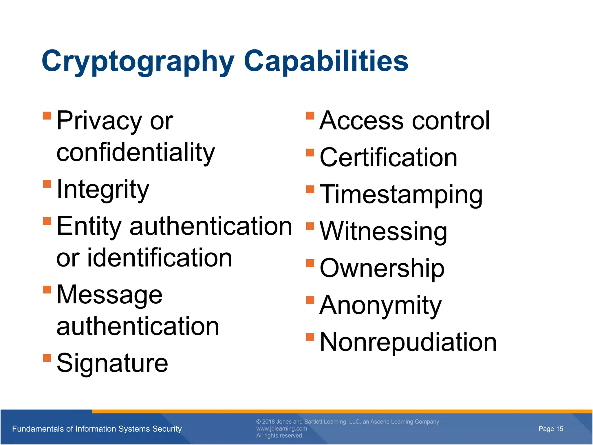 Page 15
Fundamentals of Information Systems Security
© 2018 Jones and Bartlett Learning, LLC, an Ascend Learning Company
www.jblearning.com
All rights reserved.
Page 15
Fundamentals of Information Systems Security
© 2018 Jones and Bartlett Learning, LLC, an Ascend Learning Company
www.jblearning.com
All rights reserved.
Cryptography Capabilities
Privacy or
confidentiality
Integrity
Entity authentication
or identification
Message
authentication
Signature
Access control
Certification
Timestamping
Witnessing
Ownership
Anonymity
Nonrepudiation
 