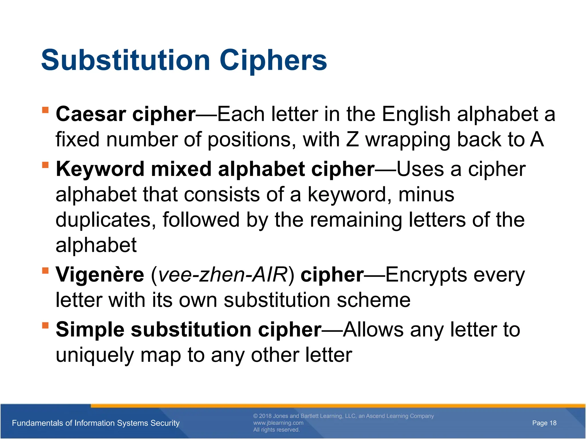 Page 18
Fundamentals of Information Systems Security
© 2018 Jones and Bartlett Learning, LLC, an Ascend Learning Company
www.jblearning.com
All rights reserved.
Page 18
Fundamentals of Information Systems Security
© 2018 Jones and Bartlett Learning, LLC, an Ascend Learning Company
www.jblearning.com
All rights reserved.
Substitution Ciphers
 Caesar cipher—Each letter in the English alphabet a
fixed number of positions, with Z wrapping back to A
 Keyword mixed alphabet cipher—Uses a cipher
alphabet that consists of a keyword, minus
duplicates, followed by the remaining letters of the
alphabet
 Vigenère (vee-zhen-AIR) cipher—Encrypts every
letter with its own substitution scheme
 Simple substitution cipher—Allows any letter to
uniquely map to any other letter
 