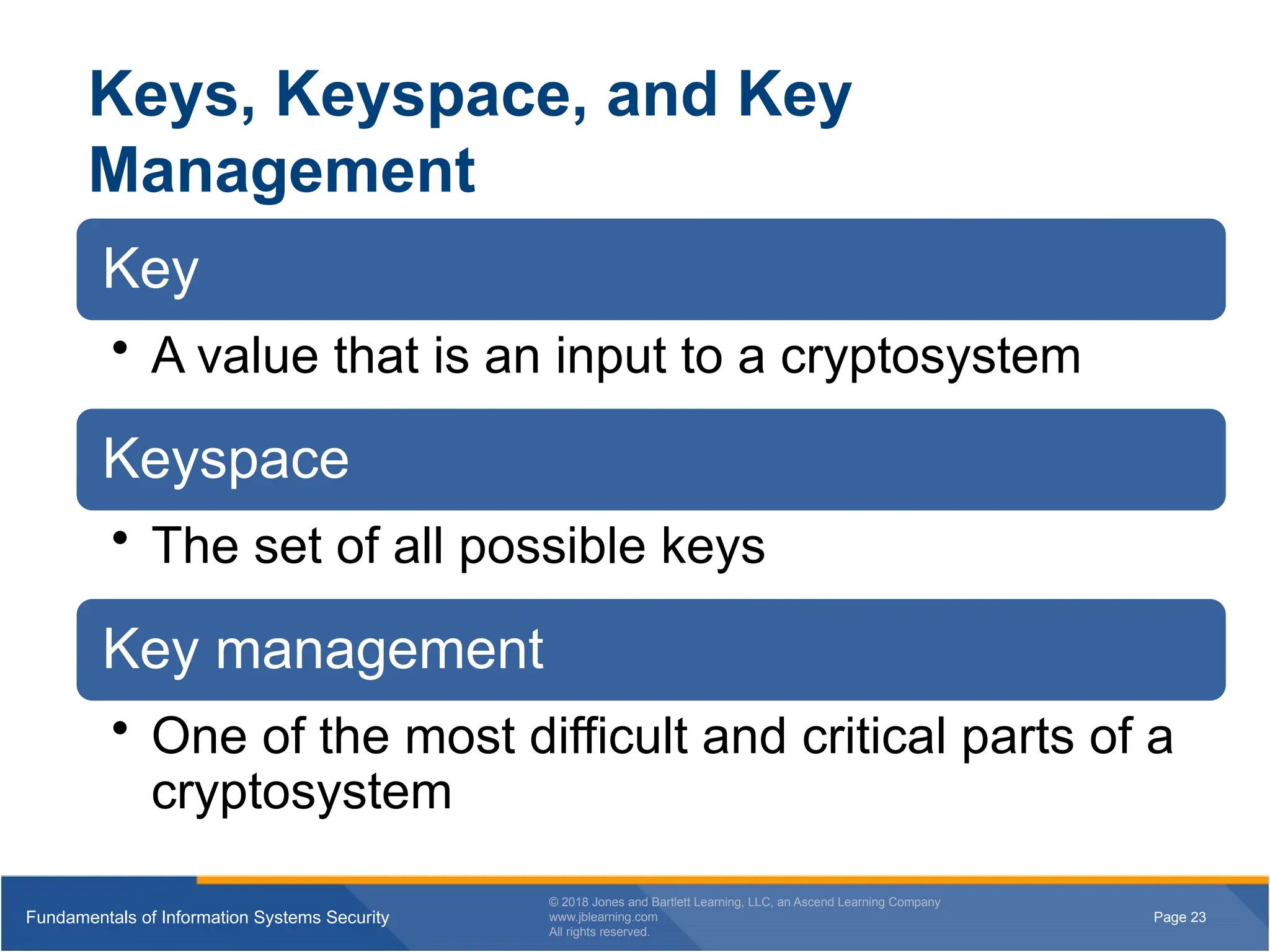 Page 23
Fundamentals of Information Systems Security
© 2018 Jones and Bartlett Learning, LLC, an Ascend Learning Company
www.jblearning.com
All rights reserved.
Page 23
Fundamentals of Information Systems Security
© 2018 Jones and Bartlett Learning, LLC, an Ascend Learning Company
www.jblearning.com
All rights reserved.
Keys, Keyspace, and Key
Management
Key
• A value that is an input to a cryptosystem
Keyspace
• The set of all possible keys
Key management
• One of the most difficult and critical parts of a
cryptosystem
 