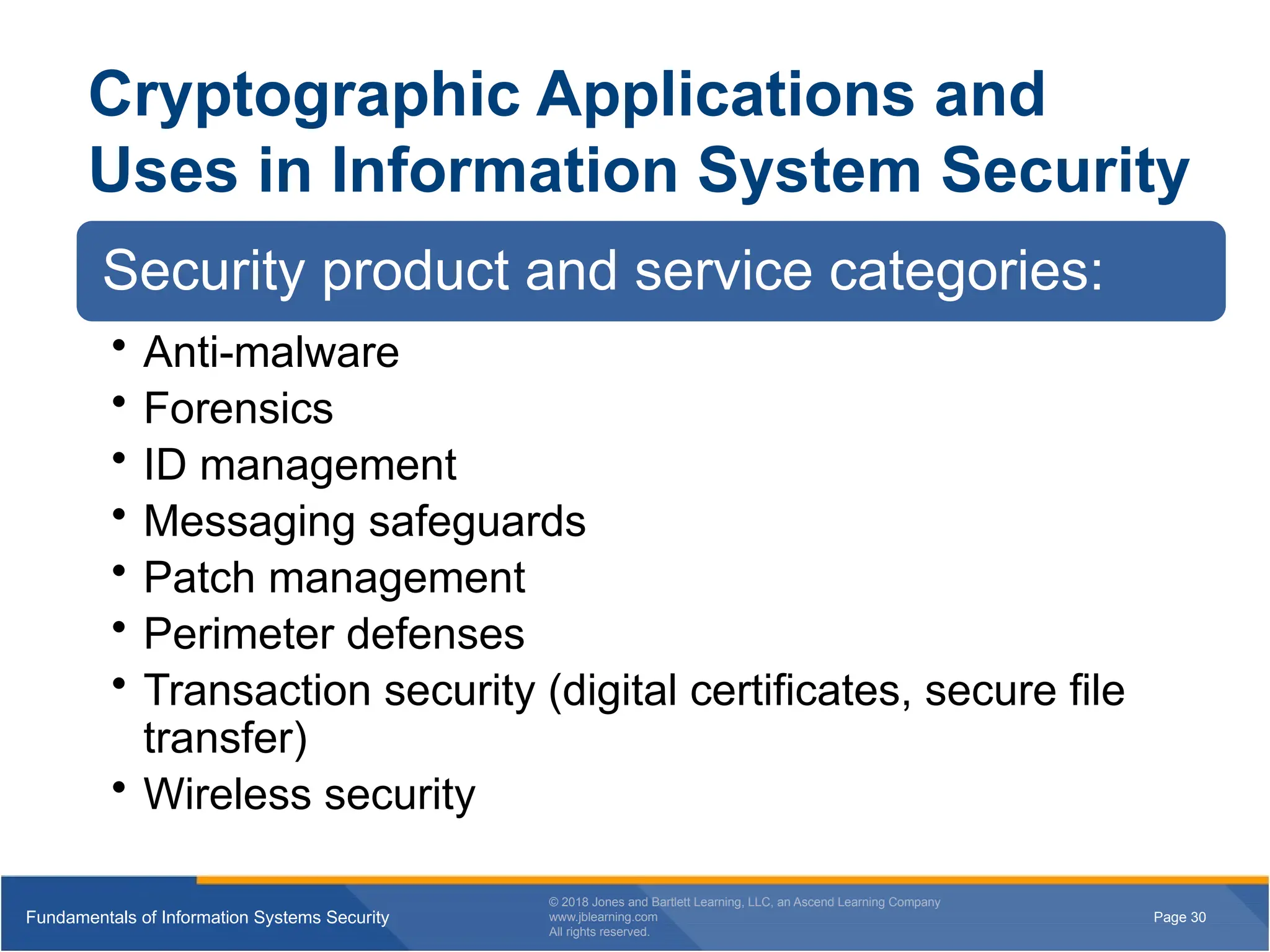 Page 30
Fundamentals of Information Systems Security
© 2018 Jones and Bartlett Learning, LLC, an Ascend Learning Company
www.jblearning.com
All rights reserved.
Page 30
Fundamentals of Information Systems Security
© 2018 Jones and Bartlett Learning, LLC, an Ascend Learning Company
www.jblearning.com
All rights reserved.
Cryptographic Applications and
Uses in Information System Security
Security product and service categories:
• Anti-malware
• Forensics
• ID management
• Messaging safeguards
• Patch management
• Perimeter defenses
• Transaction security (digital certificates, secure file
transfer)
• Wireless security
 