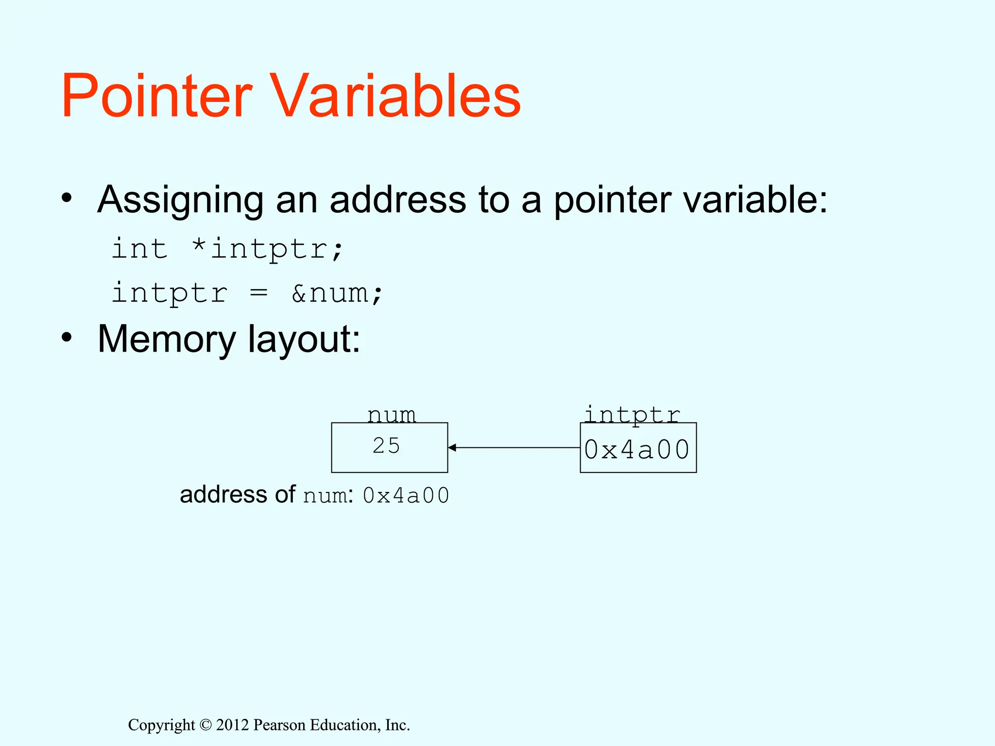 Copyright © 2012 Pearson Education, Inc.
Copyright © 2012 Pearson Education, Inc.
Pointer Variables
• Assigning an address to a pointer variable:
int *intptr;
intptr = &num;
• Memory layout:
num intptr
25 0x4a00
address of num: 0x4a00
 