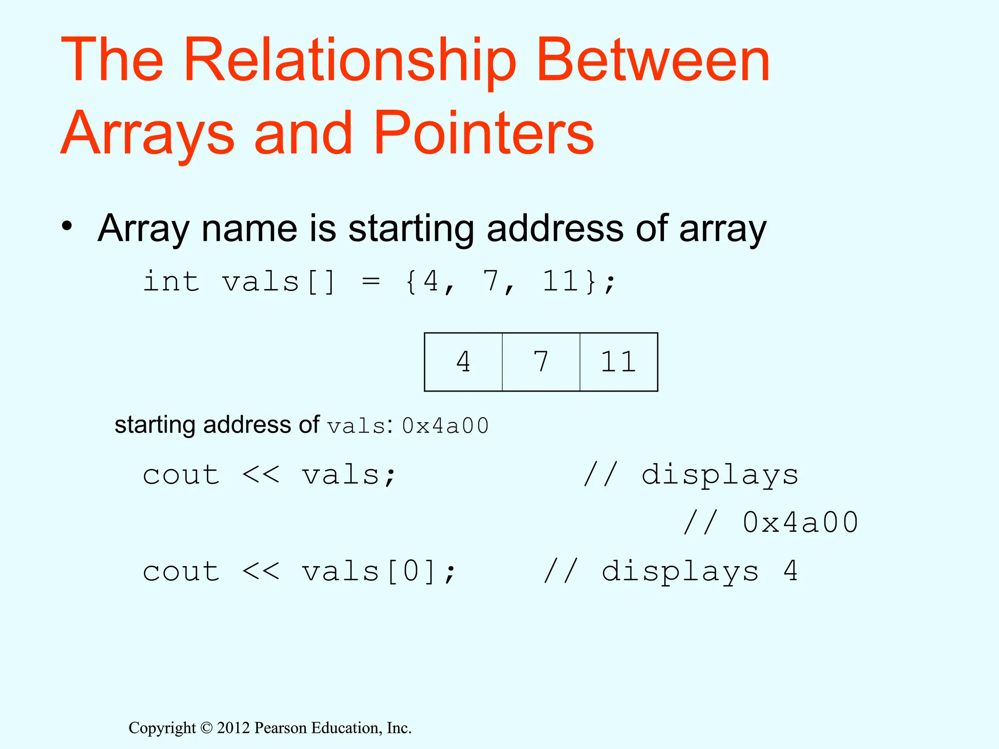 Copyright © 2012 Pearson Education, Inc.
Copyright © 2012 Pearson Education, Inc.
The Relationship Between
Arrays and Pointers
• Array name is starting address of array
int vals[] = {4, 7, 11};
cout << vals; // displays
// 0x4a00
cout << vals[0]; // displays 4
4 7 11
starting address of vals: 0x4a00
 