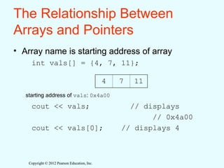 Copyright © 2012 Pearson Education, Inc.
Copyright © 2012 Pearson Education, Inc.
The Relationship Between
Arrays and Pointers
• Array name is starting address of array
int vals[] = {4, 7, 11};
cout << vals; // displays
// 0x4a00
cout << vals[0]; // displays 4
4 7 11
starting address of vals: 0x4a00
 
