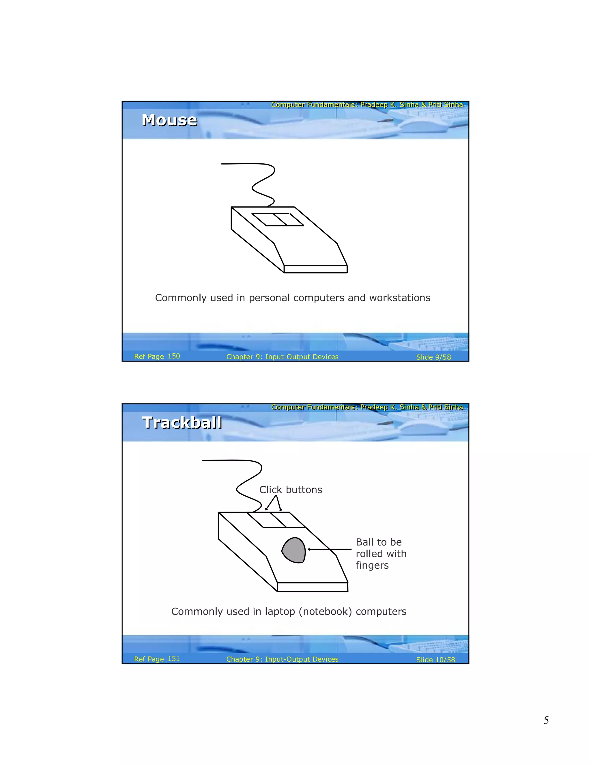 5
Computer Fundamentals: Pradeep K. Sinha & Priti SinhaComputer Fundamentals: Pradeep K. Sinha & Priti Sinha
Slide 9/58Chapter 9: Input-Output DevicesRef Page
MouseMouse
Commonly used in personal computers and workstations
150
Computer Fundamentals: Pradeep K. Sinha & Priti SinhaComputer Fundamentals: Pradeep K. Sinha & Priti Sinha
Slide 10/58Chapter 9: Input-Output DevicesRef Page
TrackballTrackball
Commonly used in laptop (notebook) computers
Ball to be
rolled with
fingers
Click buttons
151
 