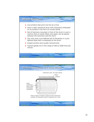 22
Computer Fundamentals: Pradeep K. Sinha & Priti SinhaComputer Fundamentals: Pradeep K. Sinha & Priti Sinha
Slide 43/58Chapter 9: Input-Output DevicesRef Page
Drum PrintersDrum Printers
§ Line printers that print one line at a time
§ Have a solid cylindrical drum with characters embossed
on its surface in the form of circular bands
§ Set of hammers mounted in front of the drum in such a
manner that an inked ribbon and paper can be placed
between the hammers and the drum
§ Can only print a pre-defined set of characters in a pre-
defined style that is embossed on the drum
§ Impact printers and usually monochrome
§ Typical speeds are in the range of 300 to 2000 lines per
minute
162
Computer Fundamentals: Pradeep K. Sinha & Priti SinhaComputer Fundamentals: Pradeep K. Sinha & Priti Sinha
Slide 44/58Chapter 9: Input-Output DevicesRef Page
Printing Mechanism of a Drum PrinterPrinting Mechanism of a Drum Printer
Hammers (one for each band)
Paper
Solid
cylindrical
drum with
embossed
characters
Ribbon
N N N N N N N N N N N N N N
W W W W W W W W W W W W W W
R R R R R R R R R R R R R R
V V V V V V V V V V V V V V
U U U U U U U U U U U U U U
T T T T T T T T T T T T T T
S S S S S S S S S S S S S S
Q Q Q Q Q Q Q Q Q Q Q Q Q Q
P P P P P P P P P P P P P P
O O O O O O O O O O O O O O
Total number of bands is equal to the maximum
number of characters (print positions) on a line
163
 
