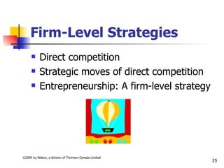 Firm-Level Strategies
          Direct competition
          Strategic moves of direct competition
          Entrepreneurship: A firm-level strategy




©2004 by Nelson, a division of Thomson Canada Limited
                                                        25
 