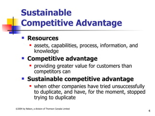 Sustainable
     Competitive Advantage
          Resources
                 assets, capabilities, process, information, and
                  knowledge
          Competitive advantage
                 providing greater value for customers than
                  competitors can
          Sustainable competitive advantage
                 when other companies have tried unsuccessfully
                  to duplicate, and have, for the moment, stopped
                  trying to duplicate

©2004 by Nelson, a division of Thomson Canada Limited
                                                                    4
 