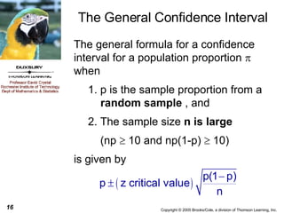 The General Confidence Interval The general formula for a confidence interval for a population proportion    when 1. p is the sample proportion from a  random sample  , and 2. The sample size  n is large   (np    10 and np(1-p)    10)  is given by 