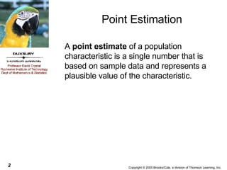 A  point estimate  of a population characteristic is a single number that is based on sample data and represents a plausible value of the characteristic. Point Estimation 