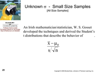 Unknown     -  Small Size Samples [All Size Samples] An Irish mathematician/statistician, W. S. Gosset developed the techniques and derived the Student’s t distributions that describe the behavior of  . 