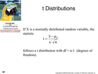 t Distributions If X is a normally distributed random variable, the statistic follows a t distribution with df = n-1  (degrees of freedom). 